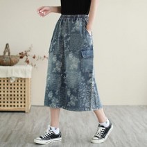 청치마 복고 꽃무늬 데님 스커트 항아리 벌룬 밴딩 롱 고무줄 젊줌마 P05