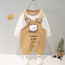 와우베베 아기 유아 여아 남아 라운드맨투맨 해피베어멜빵바지상하복세트 가을아동복 유아외출복 등원룩