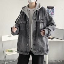 페이크 투피스 데님 코트 남자 가을 캐주얼 남장 루즈핏 후드 카고 점퍼