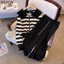 vsyoy 뚱뚱한 자매 칼라 스트라이프 재킷 넓은 다리 바지 투피스 기질 연령 감소 슬림 가을 캐주얼 정장 여성의 봄