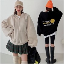 렛잇샤인 남녀공용 오버핏 크렉스마일 기모 롱 후드집업점퍼