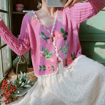 손뜨개 니트 스웨터 가디건 프리티 모란다 퍼플 봄 복고풍 꽃무늬 스웨터 니트