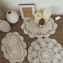 사랑스러운 라운드 손뜨개 크로쉐3종 빈티지 협탁보 레이스 돌상 다용도 캠핑 홈카페 피크닉, 타원형 L 30X45, 코튼 베이지