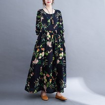 미미앤느 여성 라운드넥 화려한 꽃무늬 긴팔 프렌치 중년 롱원피스