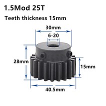 마이터기어 1.5M 25T 26T 고주파 흑색 스퍼 기어 피니언 톱니 너비 15mm 1.5mod 랙 보어 6-20mm, 01 26 Teeth_05 15mm