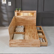 장인가구 지엔 갤러리 원목서랍침대 LED 조명 고무나무 원목 수납침대 프레임 SS, 내추럴