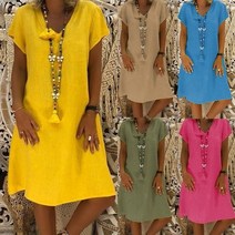 고급 수입 루즈 Vestidos 원피스 캐주얼 여름 넥 코튼 반팔 v 2023 탑스 린넨 여성 Boho 티셔츠