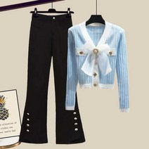 셀럽당 여성 세트 여성 정장 스키니 플레어 팬츠 리본 톱