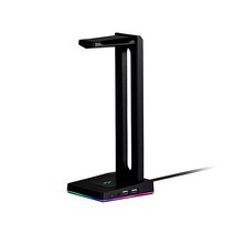 Monoprice 헤드셋 스탠드 - 2포트 USB 허브 3.5mm 오디오 잭 RGB 조명 게이머 게이밍 PC 액세서리 데스크용 헤드폰 홀더 다크 매터 시리즈