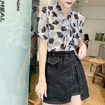 가바바 여성 블라우스 메쉬 은행잎 패턴 리본 쉬폰 데일리 블라우스 G36439