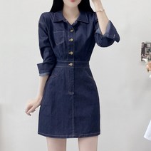 [2color/허리뒷밴딩] 퍼미션 포켓 셔츠 청 데님 버튼 긴팔 미니 원피스 데이트 / 진청 연청