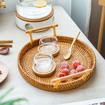 자연 감성 내추럴 라탄 원형 손잡이 트레이 등나무 짜임 쟁반 플레이트 예쁜 디저트 서빙 트레이 세트, 대중소 3개 세트