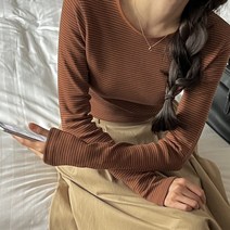 (기모면100) 여성 단가라 스트라이프 기본 이너 스판 기모 티셔츠 4color