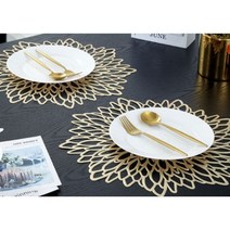 북유럽 호텔 플레이팅 플라워(2p+2p=4p) 레터링 방수 짜임 가죽 실리콘 식탁 테이블 매트 식탁보 테이블러너 코스터 레인보우마켓, 1) 골드2P+2P, 38*38