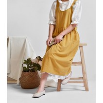 린넨코튼 무지 원피스형 레이디 앞치마, 머스타드