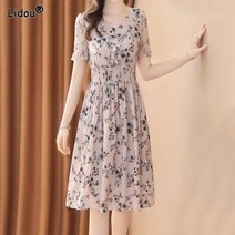 2022 v넥 꽃 프린트 반팔 엠파이어 a 라인 스커트 젊은 스타일 여성용 특대 사이즈 시폰 드레스 여름