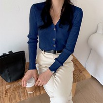 POMTOR 브이넥 슬림핏 골지 긴팔 니트가디건 스웨터
