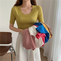 티셔츠 잘 어울리는 여자 여름 숏 슬림핏 반팔 니트 톱