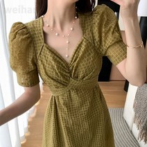 녕동 여성의류 여자옷 퍼프소매 슬림 롱원피스 체크무늬 쉬폰 스커트 A라인 +사은품