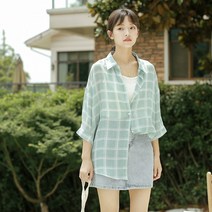 카라넥 봄 여름 체크 래쉬가드 와이드 루즈핏 반팔 쉬폰 셔츠 여성 얇은 코트 디자인감각 보이핏 볼륨 692550321