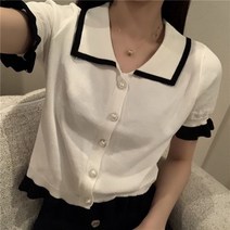 여성 숏가디건 크롭 볼레로 러플 니트 가디건 셔츠 싱글 단추 패치 탄성 스웨터 여름용 상의