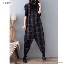 뉴타임즈 멜빵바지 가을겨울셋트 두꺼운 보온 데님 체크무늬 여성루즈핏 캐주얼 중년 동안