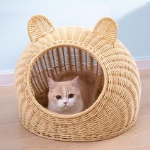 PEARL PANDA 고양이 숨숨집 라탄하우스 사계절용 캣하우스, 핑크