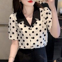 스타일아유 여성 여름 땡땡이 배색 카라 핀턱 셔링 퍼프 반팔 소매 셔츠 도트 쉬폰 블라우스 데이트룩 출근룩