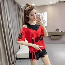 S21820 겹쳐입은 느낌 오픈숄더티 V넥반팔티