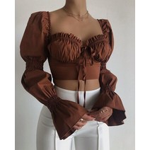 퍼프소매티셔츠 퍼프소매티 긴 프릴 레이스 업 우아한 패션 여성 스퀘어 칼라 뷔스티에 자르기 탑 가을 겨울 옷