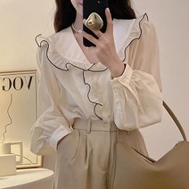 POMTOR 브이넥 프릴 카라넥 퍼프소매 쉬폰 블라우스