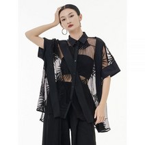 EAM 여성 레이스 원근법 빅 사이즈 블라우스 라펠 반소매 루즈핏 셔츠 타이드 봄 여름 2023 1DF0053161722
