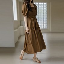 스타일온미 셔링 텐션 스모킹 린넨 블렌딩 퍼프 롱 A라인 원피스