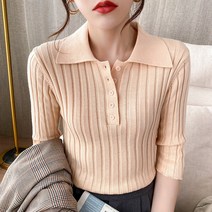 체형커버니트 봄 여름 순면 코튼 카라넥 a blouse with sevenpoint sleeve 왕골 2976057247
