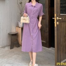 잇츠스타일 빅사이즈 캐주얼 셔츠 카라넥 보라색 반팔 여름 원피스