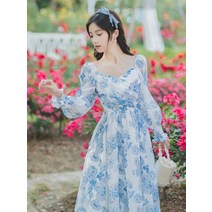 경성 의복 개화기 의상 레트로 빈티지 복고풍 원피스 플라워 블루 드레스