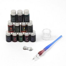 캘라그라피 12색 잉크 유리 글라스 딥 펜 만년필 세트, 기본, 기본