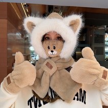 겨울방한모자 여우털 후드 머플러 일체형 여동 러블리 멀티 라이딩 귀마개 방한 넥워머, 01 모자 스카프 일체, 04 베이지 모자+장갑+마스크