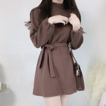 폴라 퍼프 허리끈 소녀 골지 니트 원피스