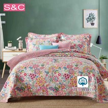 스프레드 미국식 순면 퀄팅 침대덮개 쓰리피스 더블 시원한여름이불 .식전 면두께 침대커버, 형광 녹색 그림 꽃 종류 9918 # + 싱글 침대 커버 230x250cm