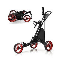 Tangkula 골프 푸시 풀 카트 경량 알루미늄 접이식 3바퀴 탄성 스트랩이 있는 트롤리, With Storage Bag, Red