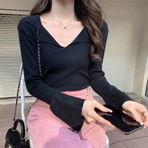 오버클래쓰 여성 브이넥 카라 슬림핏 골지 니트 단색 티셔츠 이너