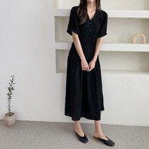 코지 여성 데이트룩 청순한 데일리룩 퍼프 브이넥 롱원피스