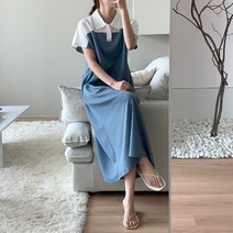 퍼니걸스 6765 루즈핏 데일리 배색 셔츠 카라 반팔 롱 원피스