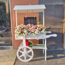 꽃마차 나무 판매대 엔틱 대형 우드 꽃마차 화분대, 파란 지붕 칠판 카트