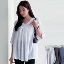 [프롬제니] 그렌 브이넥 노카라 셔링 린넨 블라우스 주름 뒷셔링 얇은 여름 여성 반팔 화이트 흰색 베이비돌 차이나 카라 차콜 상의 오픈 마남방 시원한
