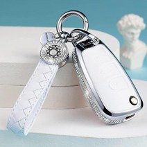 SHANGHONG 아우디 키 포브 커버 열쇠고리가 있는 천연 가죽 크리스탈 전체 보호 키 케이스 쉘 A6L A6 A7 A8 Q7 Q8 E-Tron 2018-2022 A3 S3, Model 4(white)