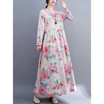린넨 아일렛 봄 여름 가을 원피스 여성용 긴 소매 오버사이즈 코튼 빈티지 플로랄 드레스 캐주얼 루즈한 의류