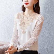 빅사이즈레이스블라우스 초 봄가을 계절 스타일리쉬 반팔셔츠 슬림핏 뱃살커버 배가리기 긴소매 상의 여성 4318408234