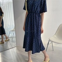 여자 잔꽃 플라워 허리 셔링 반팔 통소매 스판 원피스
